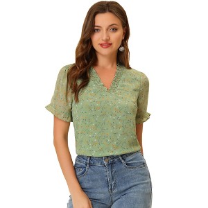 INSPIRE CHIC Women's Bell Sleeve V-neck Floral Ruffled Blouse - 1 of 4