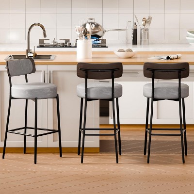 DYHOME 24 inches Bar Stools Set of 3, Counter Height Bar Stools with Leather Pad Wood Back, Leather Upholstered Bar stools for Kitchen Island, Cafe