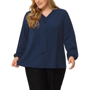 Agnes Orinda Women's Plus Size Office Fashion Long Sleeves Ribbon Front Chiffon Blouses - 1 of 4