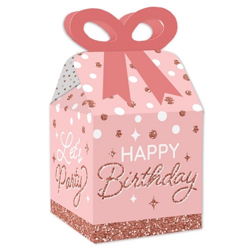 Big Dot of Happiness Pink Rose Gold Birthday - Square Favor Gift Boxes - Happy Birthday Party Bow Boxes - Set of 12