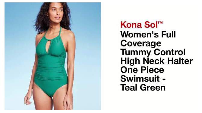 Women's Full Coverage Tummy Control High Neck Halter One Piece Swimsuit - Kona Sol™ Teal Green, 2 of 6, play video