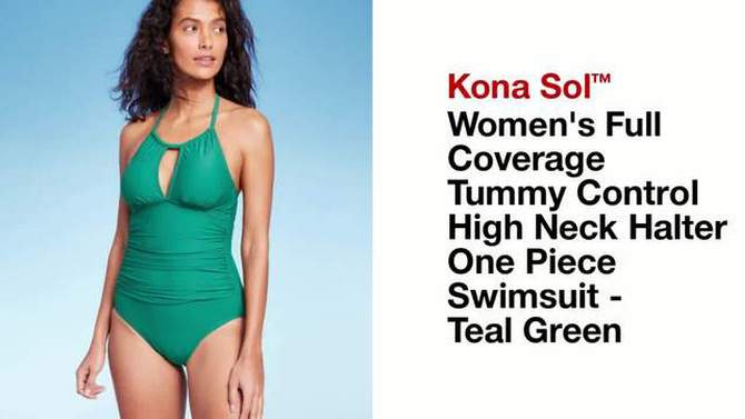 Women's Full Coverage Tummy Control High Neck Halter One Piece Swimsuit - Kona Sol™ Teal Green, 2 of 6, play video