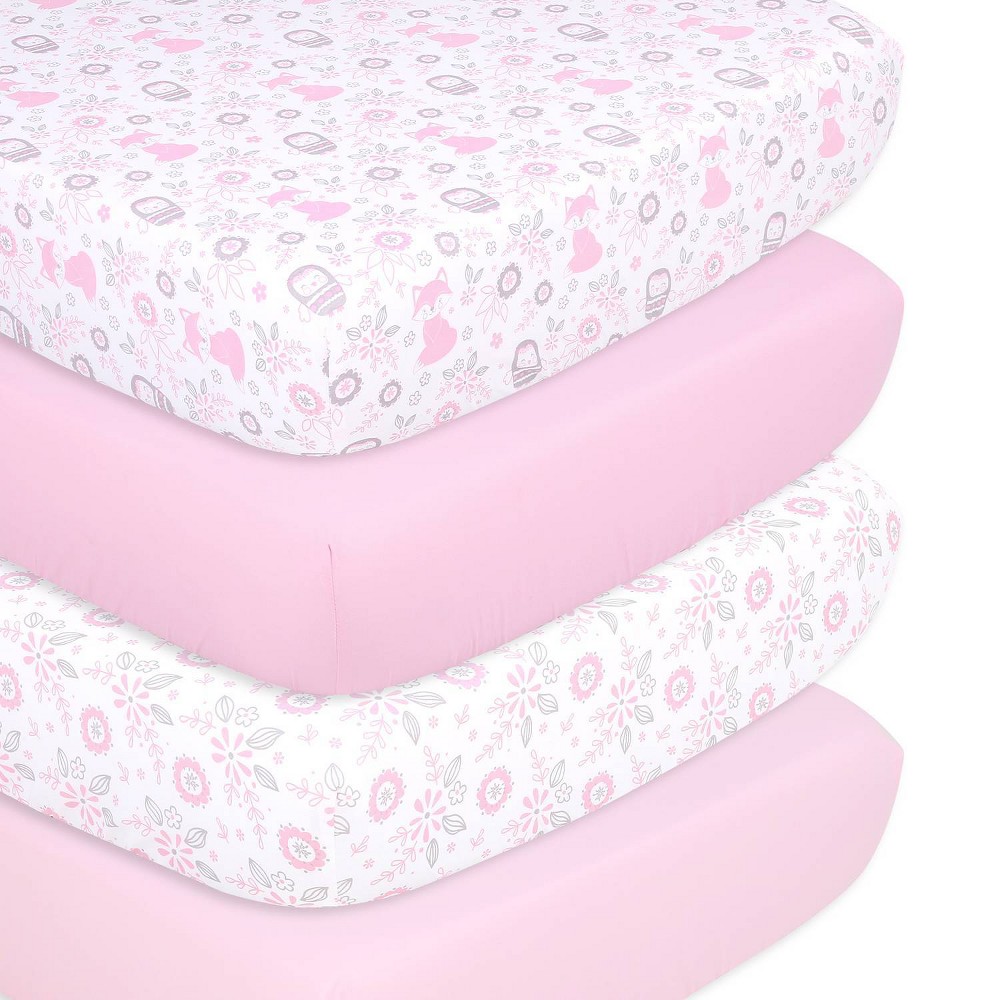 Photos - Bed Linen The Peanutshell Fitted Crib Sheets for Girls - Pink/White Woodland Floral
