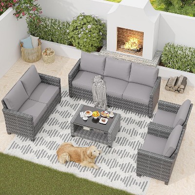 Garvee 5 Piece Outdoor Patio Furniture Sets, Wicker Conversation Set for Porch Deck, Rattan Sofa Chair with Cushion