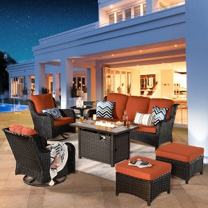 Ovios Orlando 7pc Brown Wicker Outdoor Patio Furniture Conversation Sofa Set with a Rectangle Fire Pit, Swivel Chairs and Cushions - 1 of 4