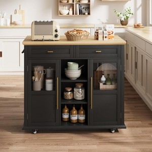 Mobile Kitchen Island Cart with Storage & Drop Leaf - Rolling Kitchen Cabinet with Drawer, Shelf & Spice Rack, Wood Dining Room Furniture (Black) - 1 of 4