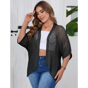 Plus Size Crochet Cardigan 3/4 Sleeve Summer Open Front Knitted Sweater Tops - 1 of 4