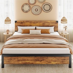 Full Size Platform Bed Frame with Headboard, 4 Storage Drawers, Noise-Free, Metal Support, No Box Spring Needed, Rustic Brown - 1 of 4