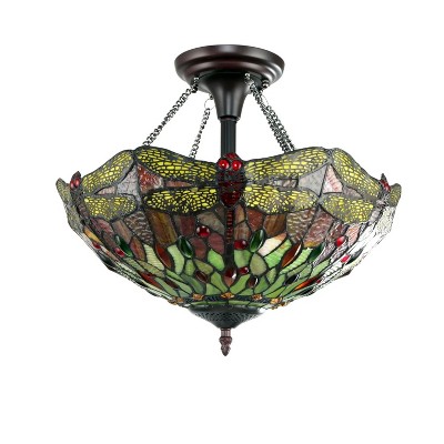 Empress Dragonfly Tiffany-Style Bronze Semi-Flush Pendant Light