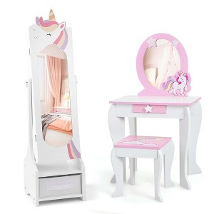 Costway Kids Vanity Set Princess Makeup Dressing Table & Chair Set with Kids Jewelry Armoire White/Pink - 1 of 4