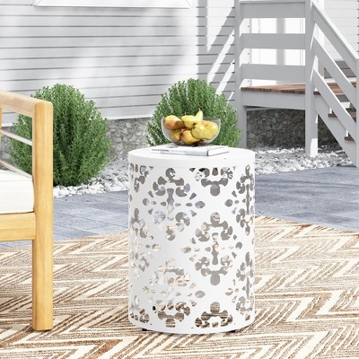 Side Table, Cylindrical End Table, Powder-coated Iron Side Tables, Floral Pattern Bedside Table For Living Room