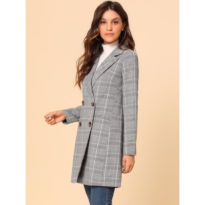 Allegra K Women's Double Breasted Notched Lapel Plaid Overcoat with Pockets White Black X-Large — фото 4