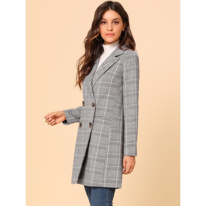 Allegra K Women's Double Breasted Notched Lapel Plaid Overcoat with Pockets, 5 of 8