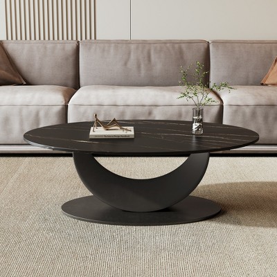 40" Modern Oval Rock board Coffee Table With Midsize Sphere Crescent-Shaped Base