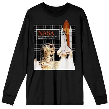NASA Logo and Realistic Space Ship Men's Black Crew Neck Long Sleeve Graphic Tee