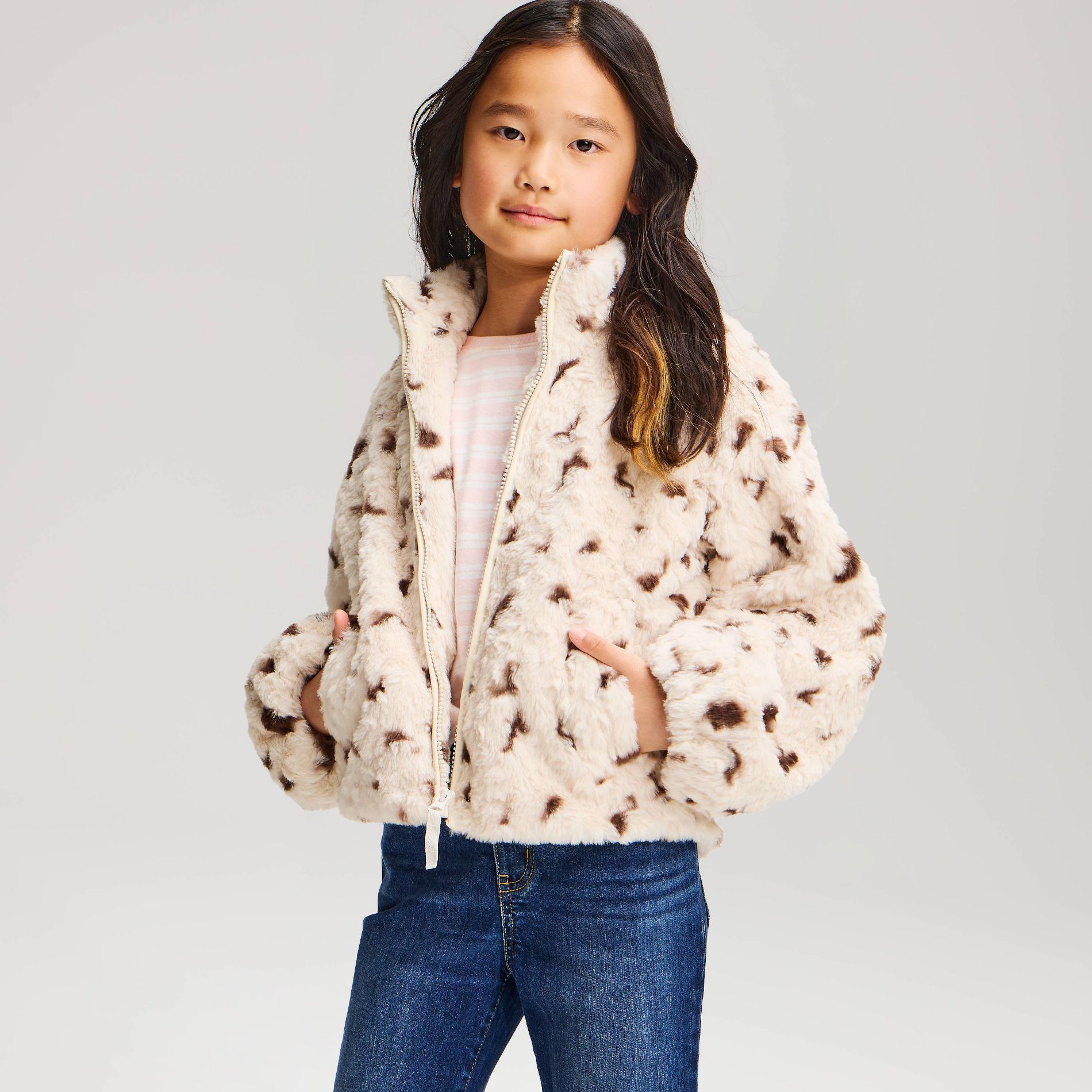 Girls' Printed Faux Fur Jacket - Cat & Jack™ Cream/Brown M