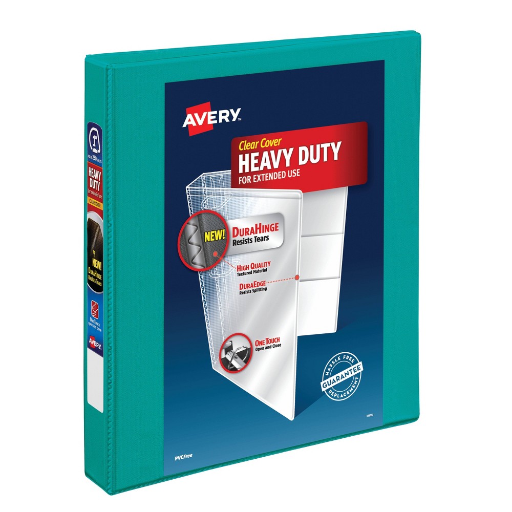 Avery 1" Clear Cover Heavy Duty Green Ring Binder: 1" D-Ring, 250 Sheet Capacity, 4 Internal Pockets, Turquoise Blue