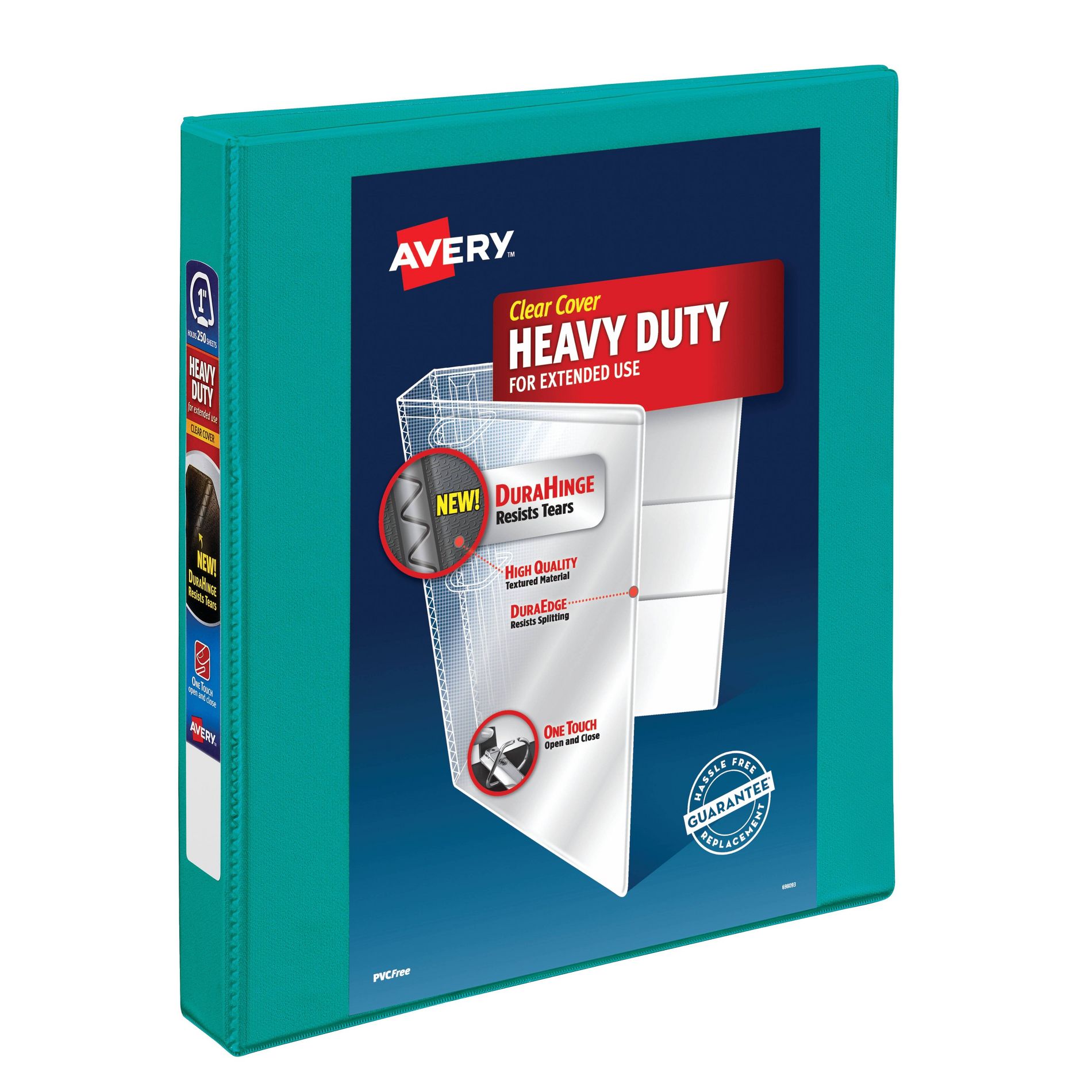 Avery 1" Clear Cover Heavy Duty Green Ring Binder: 1" D-Ring, 250 Sheet Capacity, 4 Internal Pockets, Turquoise Blue