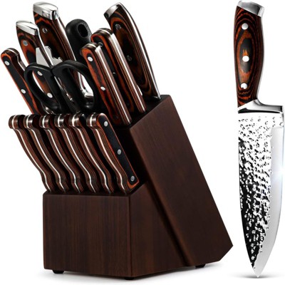 Attop 15-Piece Japanese High-Carbon Stainless Steel Knife Block Set - Hammered Chef's Knife Set with Self-Sharpening Block