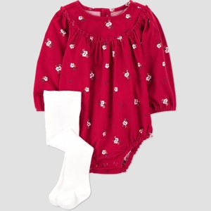 Carter's Just One You® Baby Girls' 2pc Holiday Floral Bubble Romper with Tights - Red - 1 of 4
