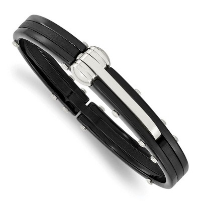 Black Bow Jewelry Men's Two Tone Stainless Steel & Black Pvc 10mm Hinged Bangle Bracelet
