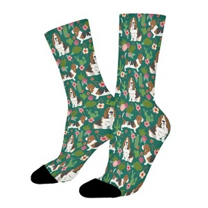 Basset Hound Dog Cactus Florals Women Printed Crew Socks Funny Funky Socks Soft Polyester Novelty Gifts for Artists Men - 1 of 1