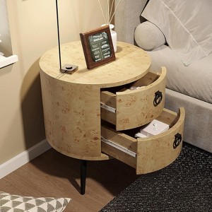 Round side table with drawers, modern bedside table with storage, circular wooden side table with metal legs for living room, bedroom - 1 of 4