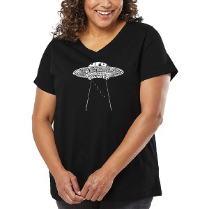 LA Pop Art Women's Word Art V-Neck - Flying Saucer UFO - 1 of 4