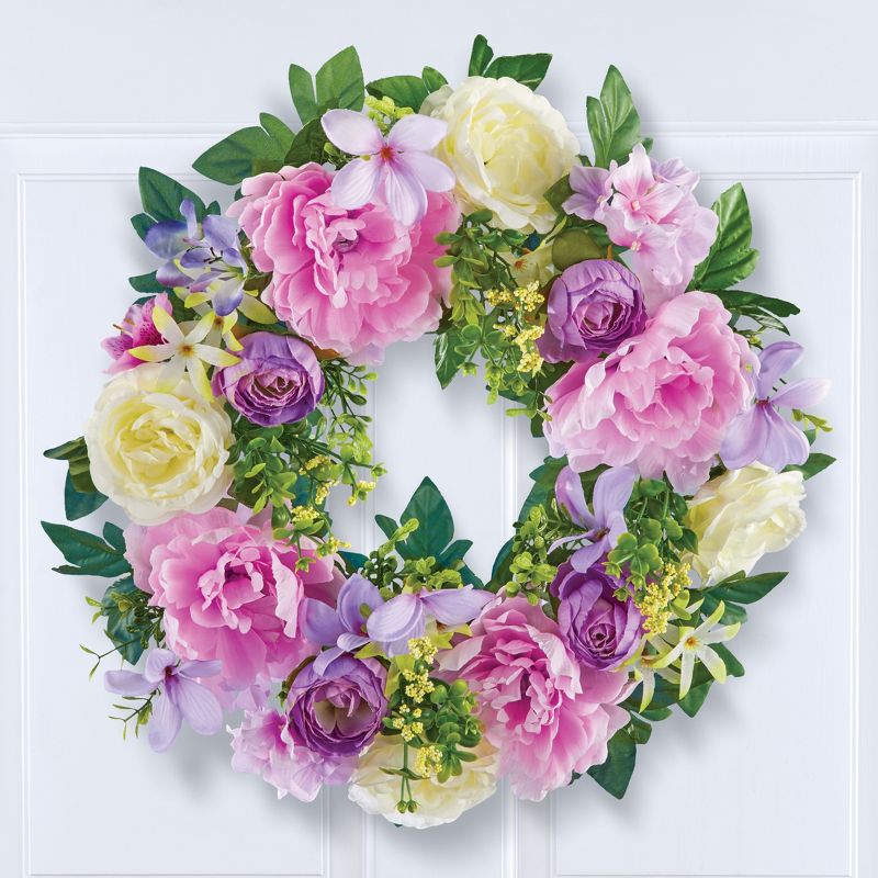 Collections Etc Purple & Pink Peonies with White Roses Door Wreath 17" x 5" x 17", 2 of 3