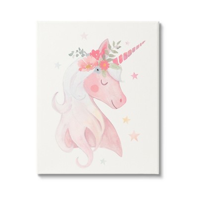 Stupell Industries Pastel Smiling Unicorn Pink Flower Blossom Crown Canvas Wall Art