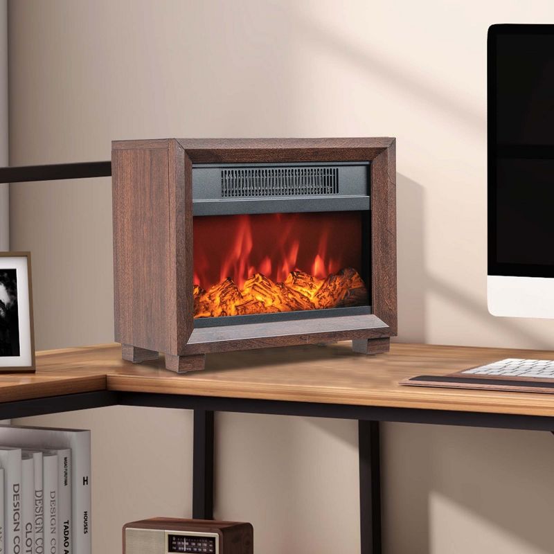Costway Mini Desktop Electric Fireplace Heater Portable Wooden Fireplace with Vivid Flame Brown, 4 of 11