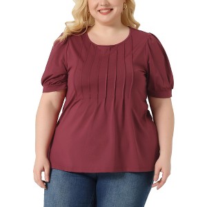 Agnes Orinda Women's Plus Size Puff Short Sleeve Crew Neck Pleated Tunic Blouses - 1 of 4
