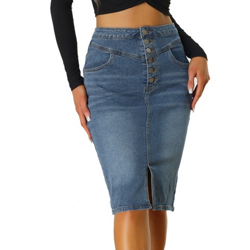 Distressed stretch-denim shop pencil skirt