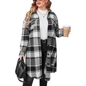 Zeagoo Womens Plus Size Flannel Plaid Shirts Long Sleeve Lounge Lapel Boyfriend Button Down Tartan Long Jacket Coats - 1 of 4