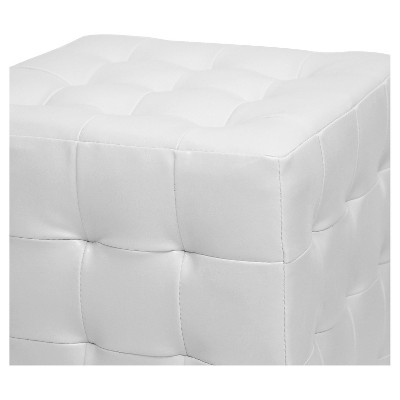 Chic White Faux Leather Tufted Cube Ottoman Pair
