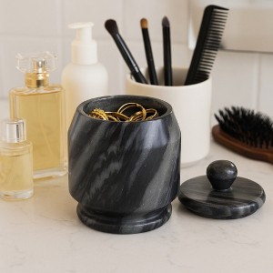 Decorative Carved Marble Jar with Lid for Living Room Decor - Contemporary Home Accent for Room, Office, and Table - Gray & White - 1 of 4