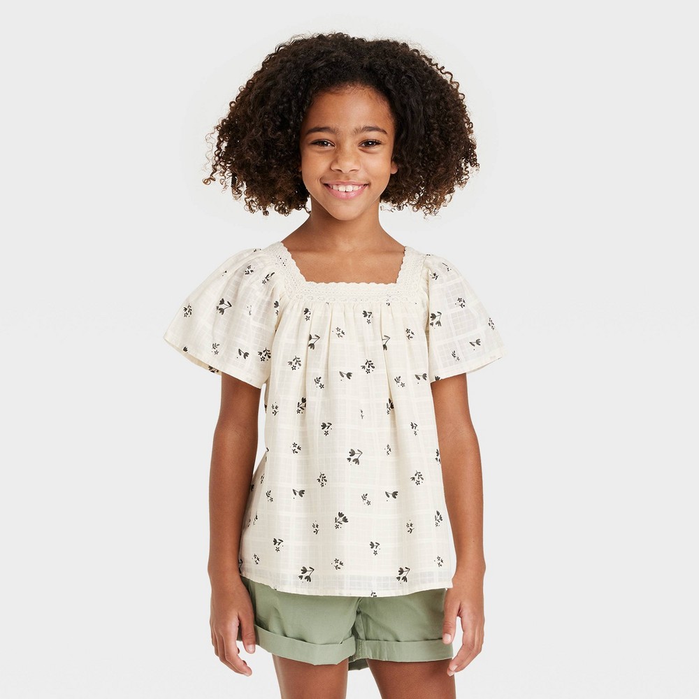 Girls' Short Sleeve Woven Shirt - Cat & Jack Off-White XS