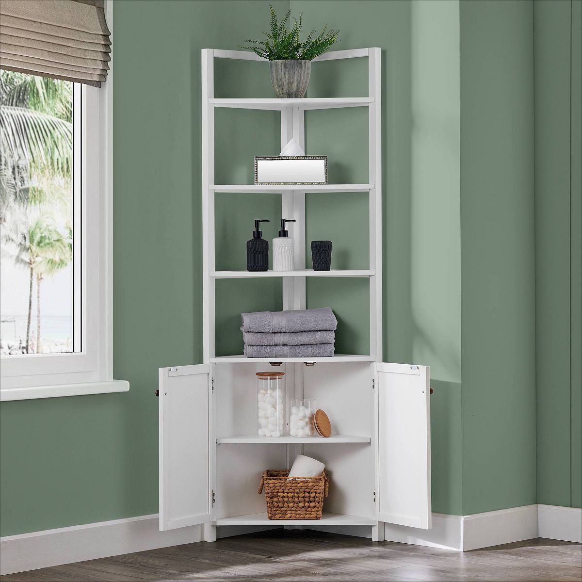 Dover Corner Storage Cabinet with Two Doors and Open Shelving White - Alaterre Furniture - thumbnail 3