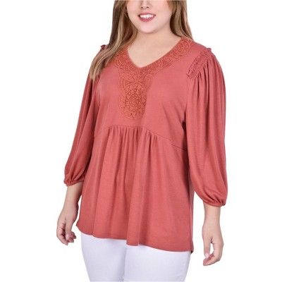 NY Collection Womens Crochet Medallion Knit Blouse
