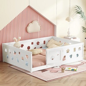 CAVINAS Kids Toddler Bed with Safety Guardrails,Twin/Full Size Floor Bed with Door,Montessori Bed for Bedroom,White - 1 of 4
