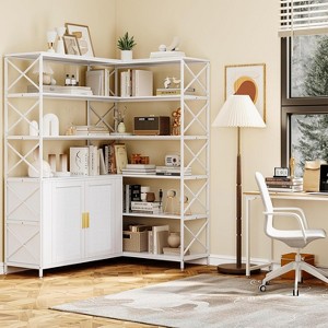 6-Tier L-Shaped Corner Bookshelf, Farmhouse Bookcase with Storage Cabinet and Shelves, Industrial Wooden Display Rack for Kitchen Living Room - 1 of 4