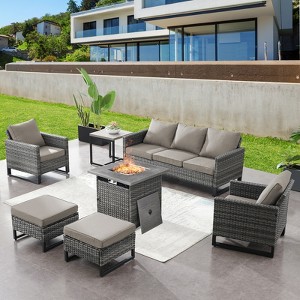 Buenhomino 7 Piece Wicker Outdoor Furniture Set with Thick Cushions, High Back Patio Furniture Set with PE Rattan Chairs and Square Fire Pit Table - 1 of 4