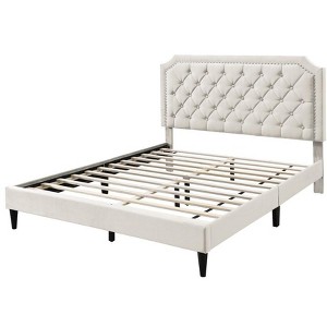 DOMETOUR Velvet Tufted Nailhead Platform Bed, Queen - Beige - 1 of 4