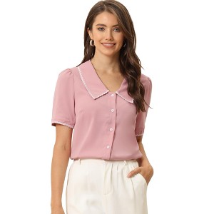 Allegra K Women's Peter Pan Collar Puff Short Sleeve Button Chiffon Blouse - 1 of 4