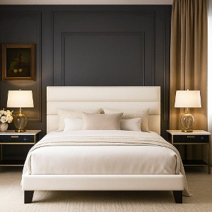 Velvet Upholstered Bed with Wooden Slats, No Box Spring Needed, Easy Assembly - 1 of 4