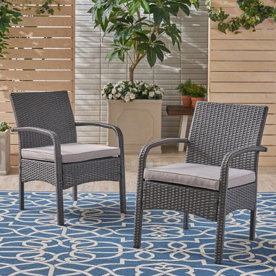 Outdoor PE Rattan Dining Chairs Set Of 2,Fabric Upholstered Dining Chair With Iron Frame,Rattan Patio Lounge Armrests Chair-Coolbibila