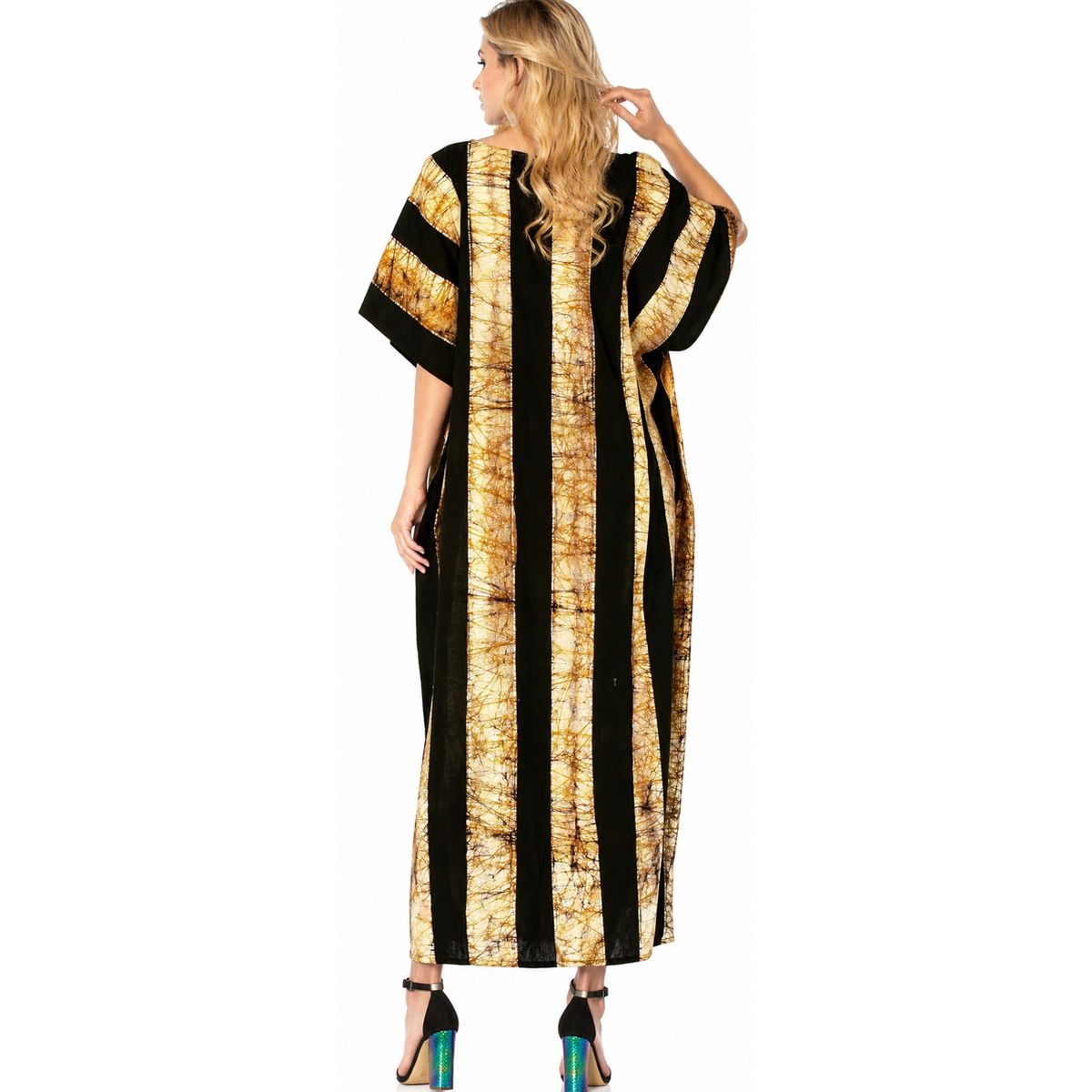 LA LEELA Summer Cotton Women Resortwear Lounge Caftan Vacation Cruise Holiday Beach Cover Up Maxi Dress 2X-3X Black Stripe - thumbnail 2