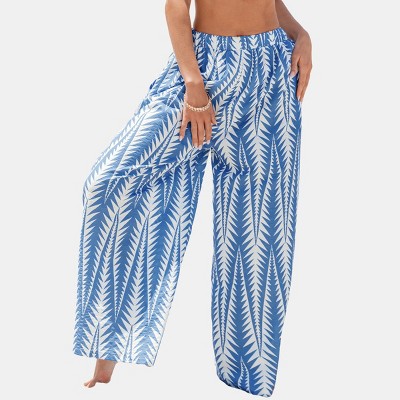 Women's Breezy Blue Leaf Print Beach Pants - Cupshe
