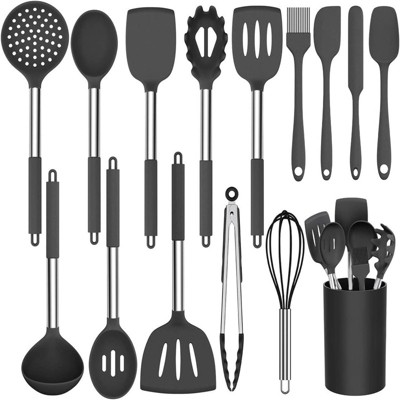 BRINJOY 15-Piece Silicone Cooking Kitchen Utensil Set, Non-Stick - with Stainless Steel Handles - Black