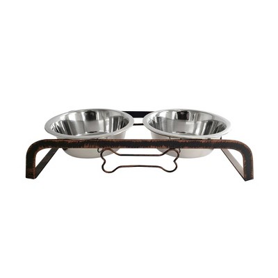 Stainless Steel Raised Food and Water Bowls Bone Decor 6.5 Inch
